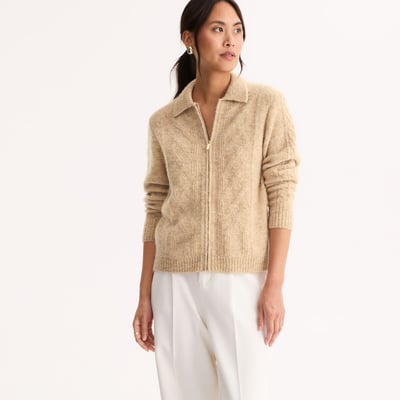 Cable Knit Zip-Up Polo Cardigan ANNE WEYBURN