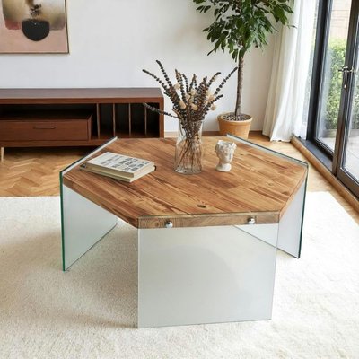 Table basse en bois clair et verre - forme hexagone LHASA PIER IMPORT