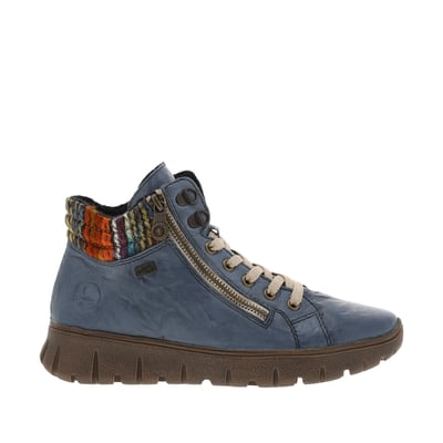 Bottines en cuir bleues à talon plat avec des lacets plats et 2 zips RIEKER