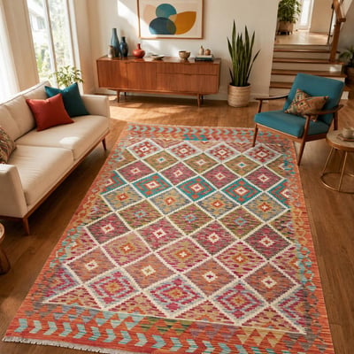 Tapis kilim au motif ethnique, tissé plat en laine, KILIM 29 UN AMOUR DE TAPIS