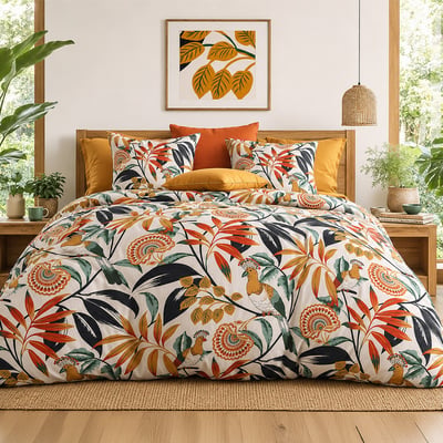 Parure de lit en percale de coton motif tropical feuillages, EDONIE ATELIER DU COTON