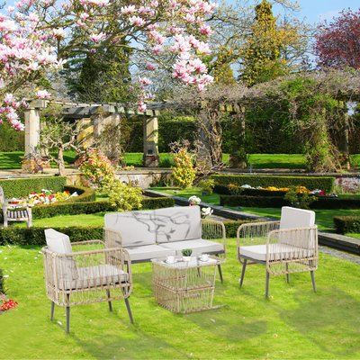 Salon de jardin 4 places 4 pièces style colonial beige aspect rotin OUTSUNNY