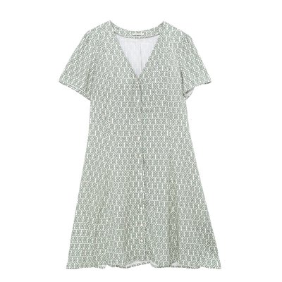 Vestido corto amplio con escote en pico, estampado, manga corta IKKS