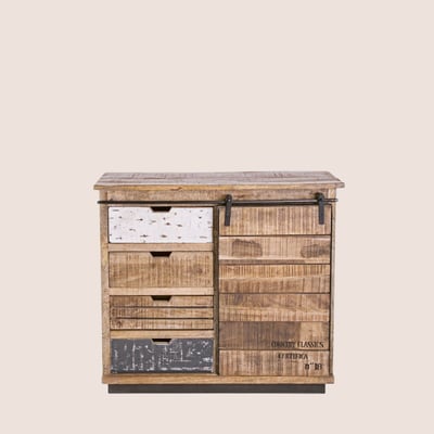 Buffet bas en bois de manguier et métal 1 porte coulissante 4 tiroirs - HARLEM HELLIN, DEPUIS 1862