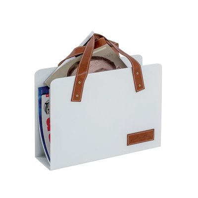 Porte revues aspect cuir marron et métal blanc - H38 cm CALICOSY