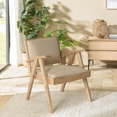 Fauteuil bois exotique clair tissu beige DIKA PIER IMPORT