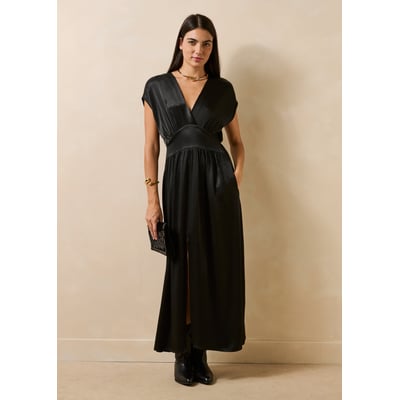 Robe longue manches courtes col V en satin LA FEE MARABOUTEE