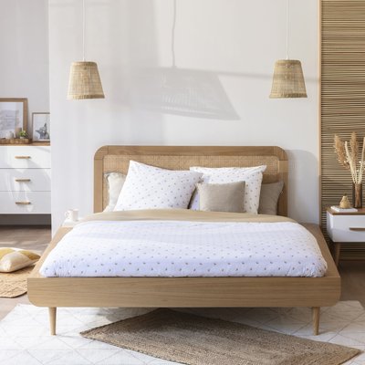 Ensemble lit en bois naturel et tête de lit en cannage TERRE DE NUIT