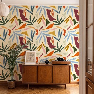 Papier peint beige avec grandes formes végétales aux allures abstraites - 510x260 cm (l x h) LA TOUCHE ORIGINALE