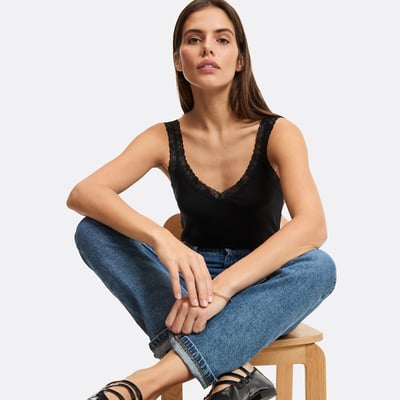 Camiseta de tirantes con cuello en pico y detalle de encaje LA REDOUTE COLLECTIONS