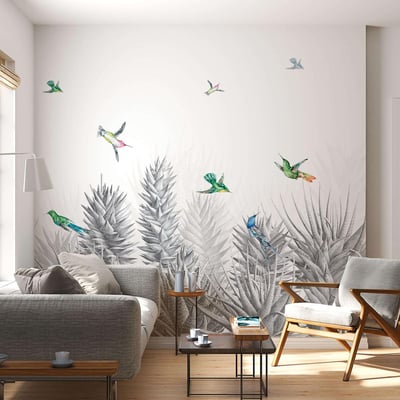 Papier peint panoramique avec oiseaux colorés et plantes - 85x260 cm (l x h) LA TOUCHE ORIGINALE