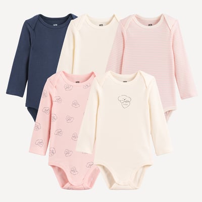 Confezione da 5 body a maniche lunghe con giromanica all'americana, tema cane e cuore LA REDOUTE COLLECTIONS
