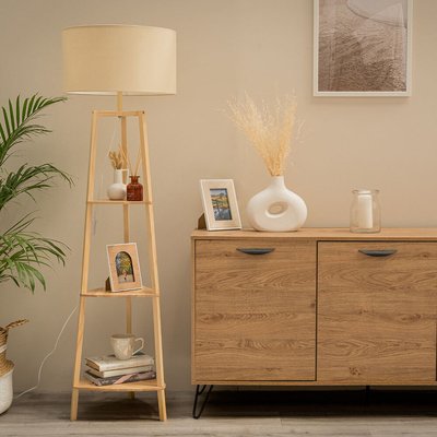 Natural Wood 3 Tier Shelf Floor Lamp with Large Shade SO'HOME