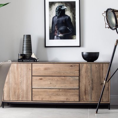 Buffet enfilade contemporain en chêne massif encadrement en métal noir moderne 180cm HUDSON PIER IMPORT