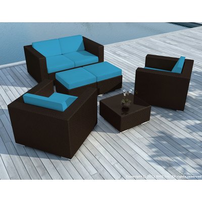 Salon de jardin résine chocolat canapé + 2 fauteuils + 2 poufs tissu bleu + table basse PIER IMPORT