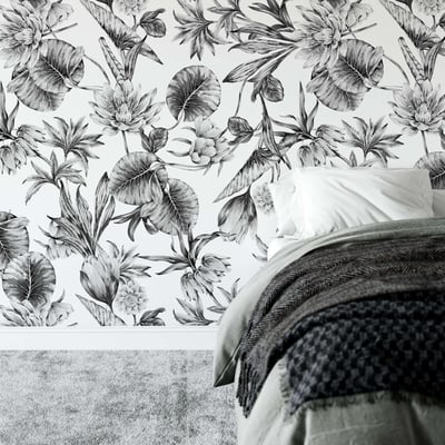 Papier peint plantes à fleurs de lotus noir et blanc - 510x260 cm (l x h) LA TOUCHE ORIGINALE