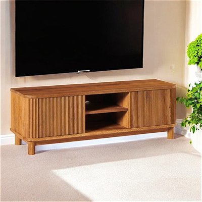 Meuble TV contemporain chêne rainuré 2 portes 2 niches IENA PIER IMPORT