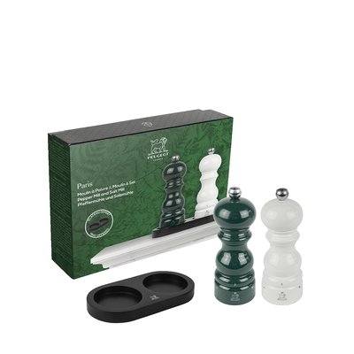 Coffret cadeau - Duo de moulins à poivre et à sel u'Select Paris 15 cm, accompagné d'un plateau en bambou noir Duo Paris PEUGEOT