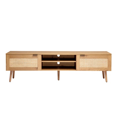 Meuble TV finition bois clair, cannage rotin et métal noir 2 portes L180 cm MANILLE MILIBOO