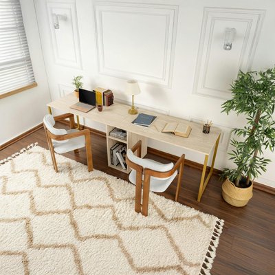Bureau double avec rangement central - plateau effet travertin MARFA PIER IMPORT