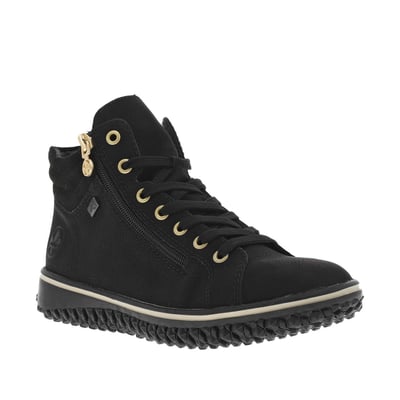 Bottines noires à talon compensé bas avec des lacets et 2 zips latéraux RIEKER