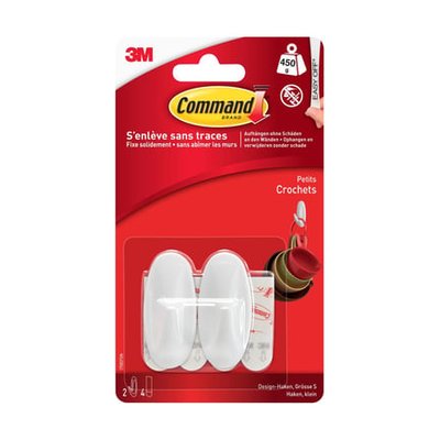 Crochet Ovale S Blanc X 2 + 4 Languettes Adhésives 3M