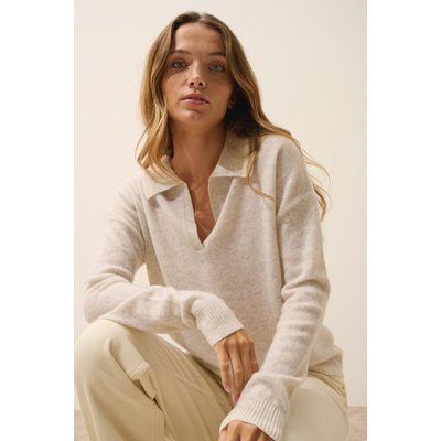 Polo Col V Croisé Bi-Color Gris Perle Chiné + Ivoire Éoliane JUST CASHMERE