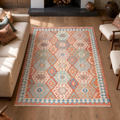 Tapis kilim géométrique, tissé plat artisanal, KILIM 102 UN AMOUR DE TAPIS