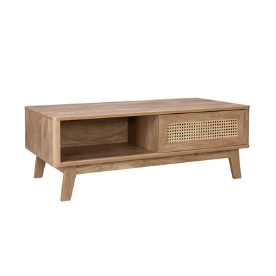 Table basse rectangulaire effet bois et cannage 1 porte coulissante MANI SWEEEK