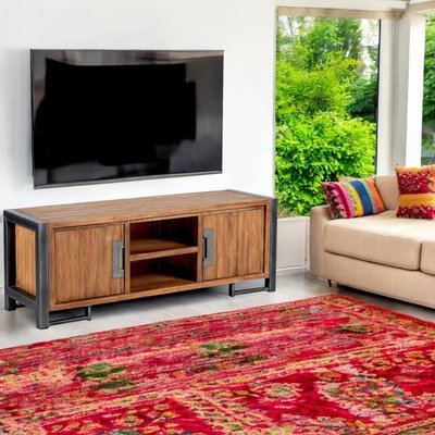 Meuble TV 150cm bois de teck naturel et métal 2 portes 2 niches stype industriel CANADA PIER IMPORT
