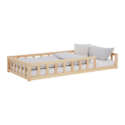 Lit Montessori 90x200 cm en bois naturel avec matelas et barrières HOMESTYLE4U