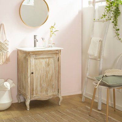 Meuble sous vasque en pin recyclé blanchi et marbre blanc  GEMMA MADE IN MEUBLES 