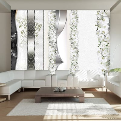 Papier peint intissé panoramique Fleurs Parade of orchids in shades of gray EDEN