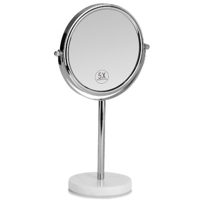Miroir Grossissant x5 en Métal Chromé et Base ronde en Marbre Blanc WADIGA