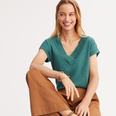 T-shirt com decote em V, mangas curtas, detalhes em macramé ANNE WEYBURN