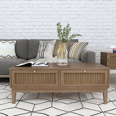 Boho Oak Rattan Storage Coffee Table SO'HOME