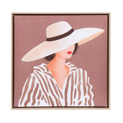 Toile imprimée femme au chapeau taupe cadre bois 60x60 cm AMADEUS
