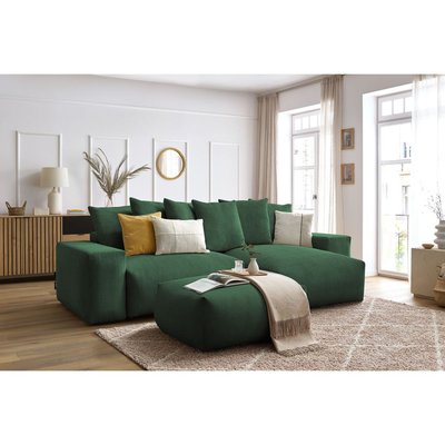 Canapé d'angle convertible 5 places en velours côtelé avec pouf, VOLTAIRE BOBOCHIC