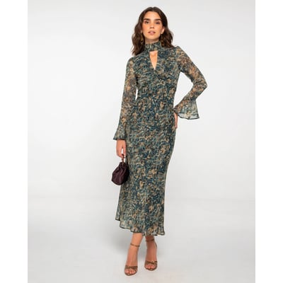 Robe midi imprimée à manches longues et encolure en V avec lacets THE-ARE