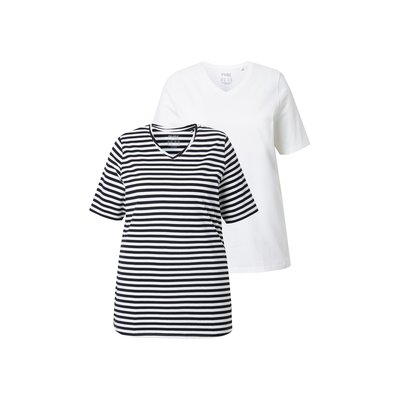 T-shirt, lot de 2, rayures/uni, col en V ULLA POPKEN