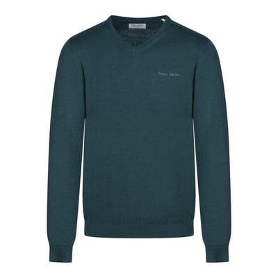 Pull en coton kaki uni à col v avec le nom de la marque en petit TEDDY SMITH