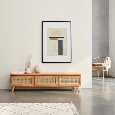 Meuble TV en bois massif et cannage 160 cm  ISÉE BERAH GETAH