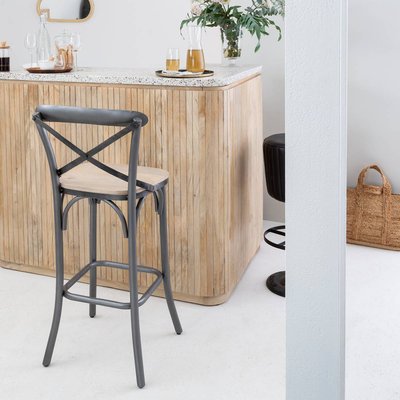 Tabouret de bar en métal gris et assise en bois de manguier  NATUREL MADE IN MEUBLES 