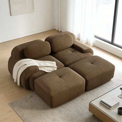 Canapé d'angle réversible 2 places avec 2 poufs en velours côtelé, SNOW MEUBLES COSY