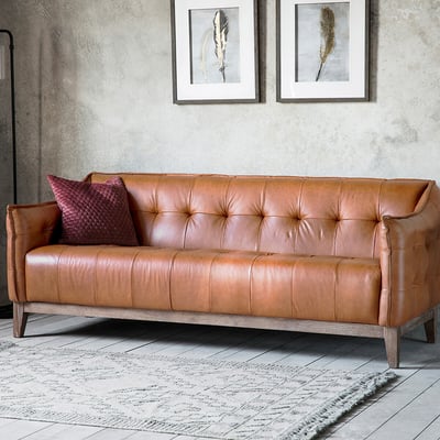 Navsari Leather Buttoned 3 Seater Sofa with Solid Ash Legs SO'HOME