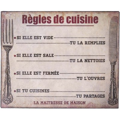 Plaque Règles de cuisine ANTIC LINE CRÉATIONS