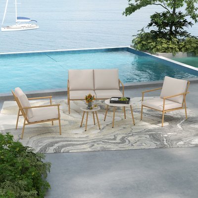 Salon de jardin 4 places 5 pcs style exotique grège aspect bambou OUTSUNNY