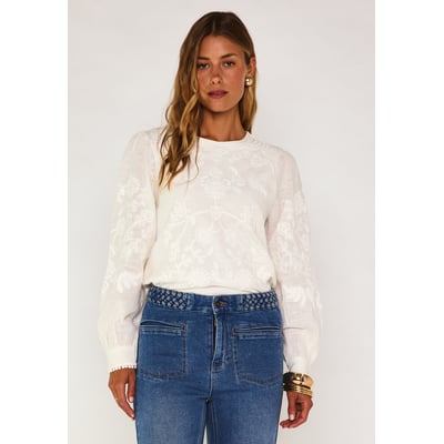Blouse Ample Brodée Blanche - Taille Libre (~12) - 100% Viscose - Sans Manches - Occasion TB