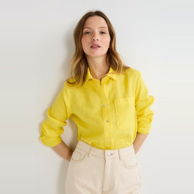 Chemise manches longues unie en lin MONOPRIX