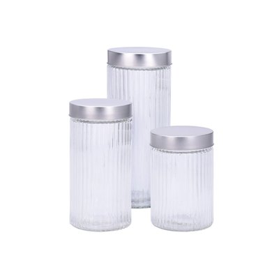 Set de 3 Bocaux de Cuisine Hermétique Verre Strié et Métal Chromé WADIGA